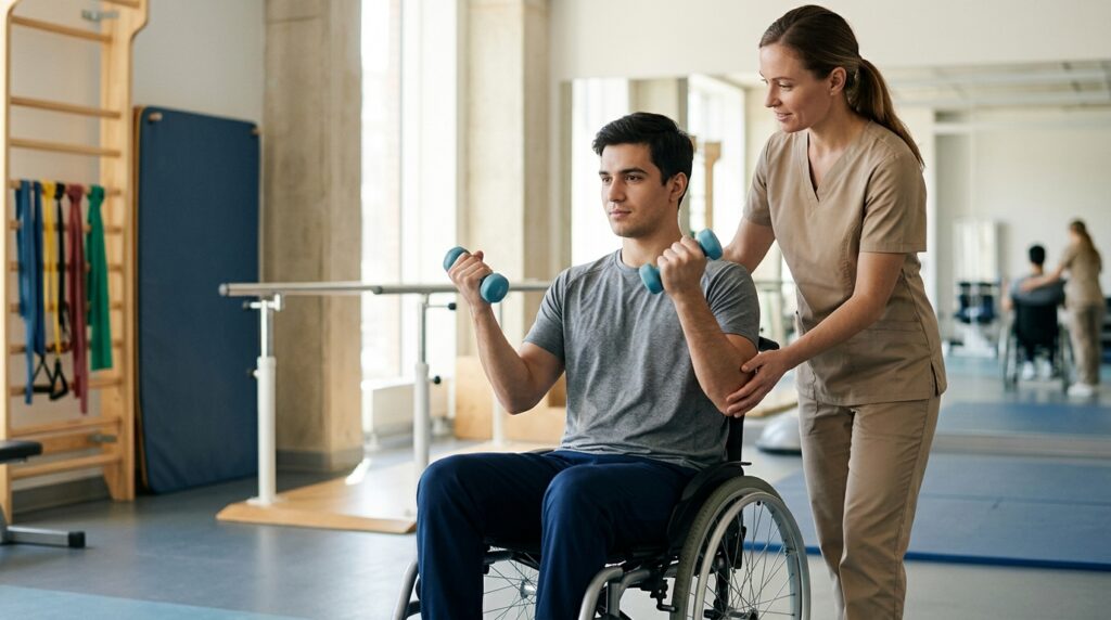 Young adult in a wheelchair working with a physical therapist in a spinal cord injury rehabilitation gym.