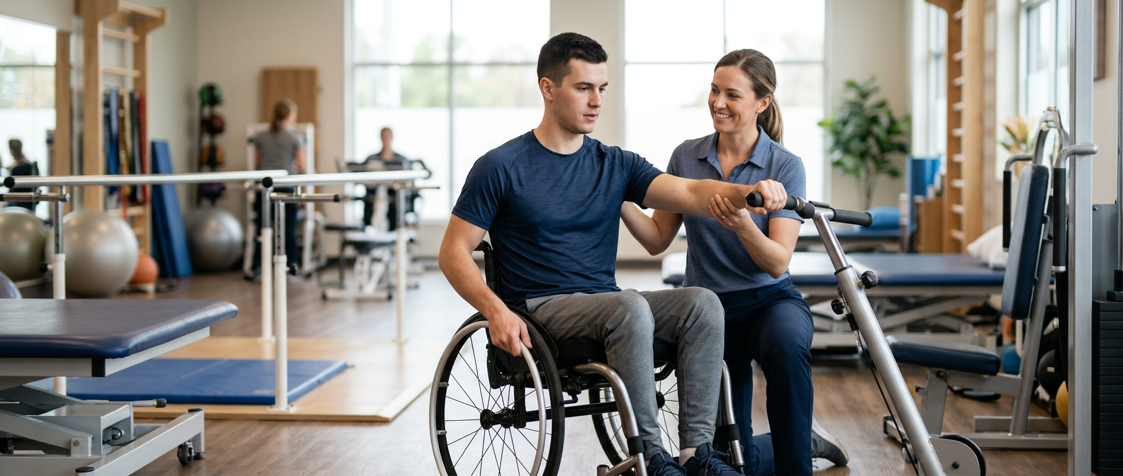 Young adult in a wheelchair working with a physical therapist in a spinal-cord-injury rehabilitation gym.