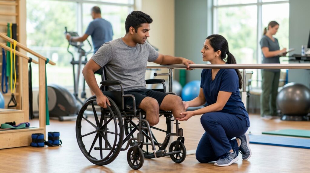 Young adult in a wheelchair working with a physical therapist in a rehabilitation gym.