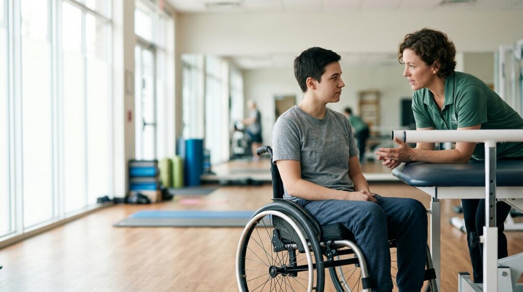 Young adult in a wheelchair working with a physical therapist in a rehabilitation gym.