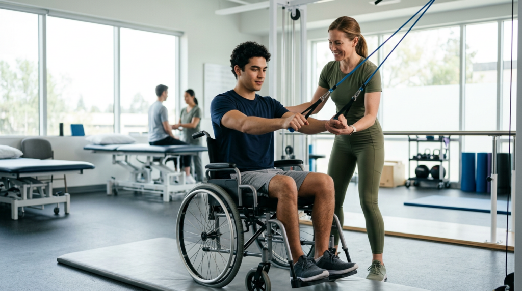 Young adult in a wheelchair working with a physical therapist in a spinal-cord-injury rehabilitation gym.