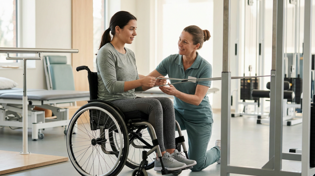 Young adult in a wheelchair working with a physical therapist in a spinal-cord-injury rehabilitation gym.