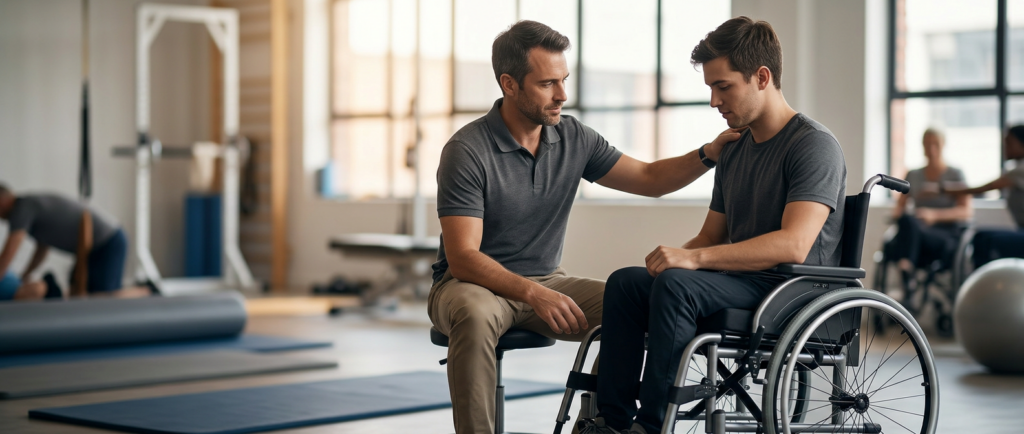 Young adult in a wheelchair working with a physical therapist in a rehabilitation gym.