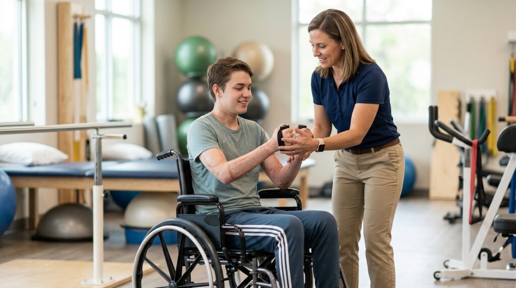Young adult in a wheelchair working with a physical therapist in a rehabilitation gym.