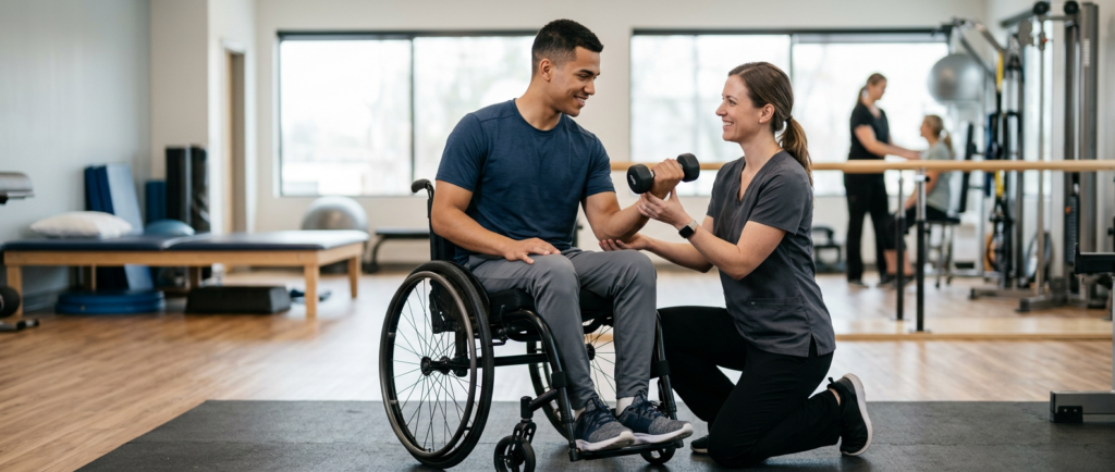 Young adult in a wheelchair working with a physical therapist in a spinal-cord-injury rehabilitation gym.