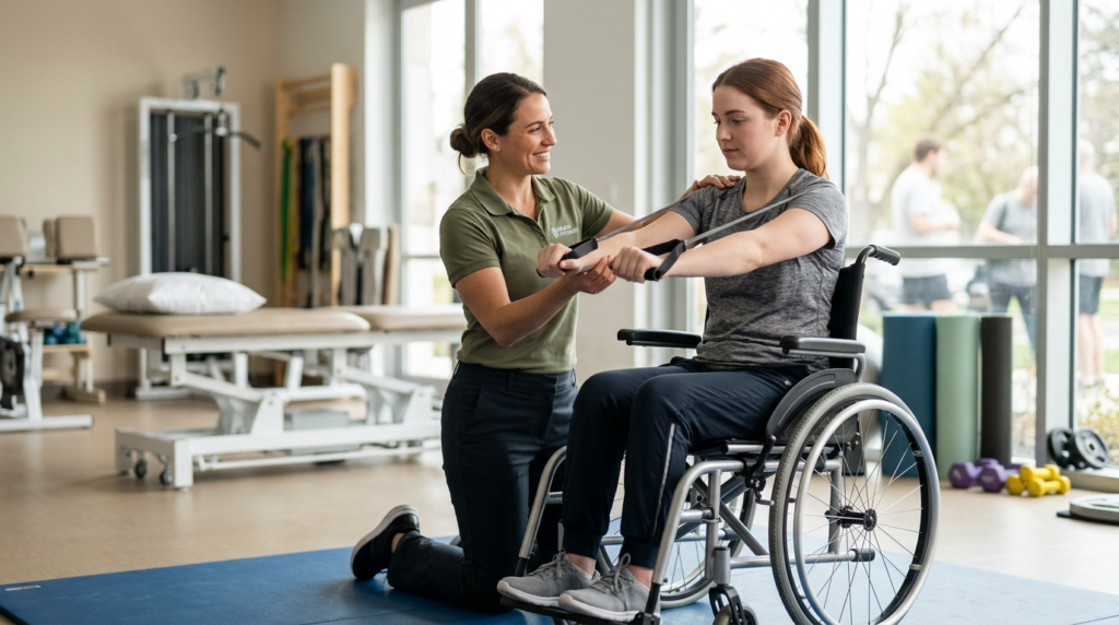 Young adult in a wheelchair working with a physical therapist in a spinal-cord-injury rehabilitation gym.