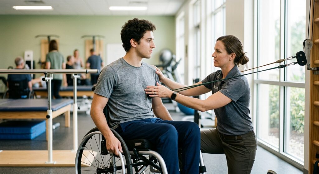 Young adult in a wheelchair working with a physical therapist in a spinal-cord-injury rehabilitation gym.