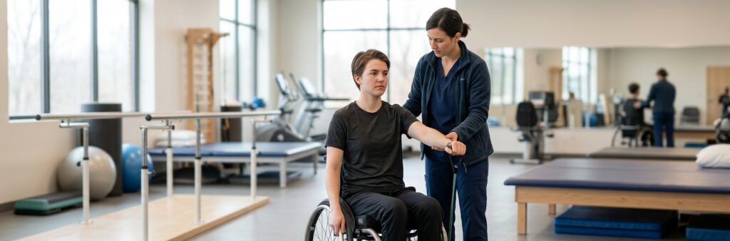 Young adult in a wheelchair working with a physical therapist in a spinal-cord-injury rehabilitation gym.