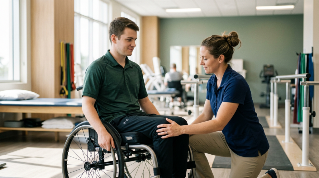 Young adult in a wheelchair working with a physical therapist in a spinal-cord-injury rehabilitation gym.