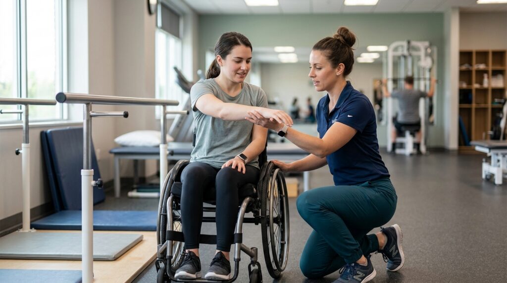 Young adult in a wheelchair working with a physical therapist in a rehabilitation gym.