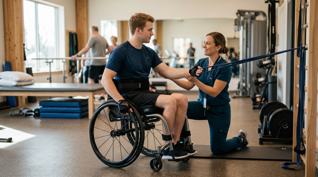 Young adult in a wheelchair working with a physical therapist in a spinal-cord-injury rehabilitation gym.