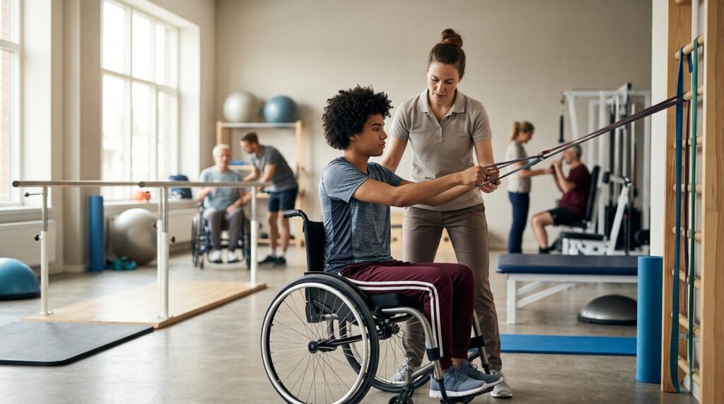 Young adult in a wheelchair working with a physical therapist in a spinal-cord-injury rehabilitation gym.