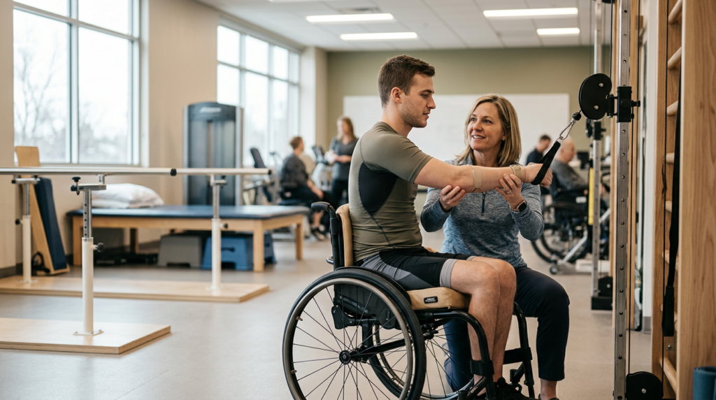 Young adult in a wheelchair working with a physical therapist in a rehabilitation gym.