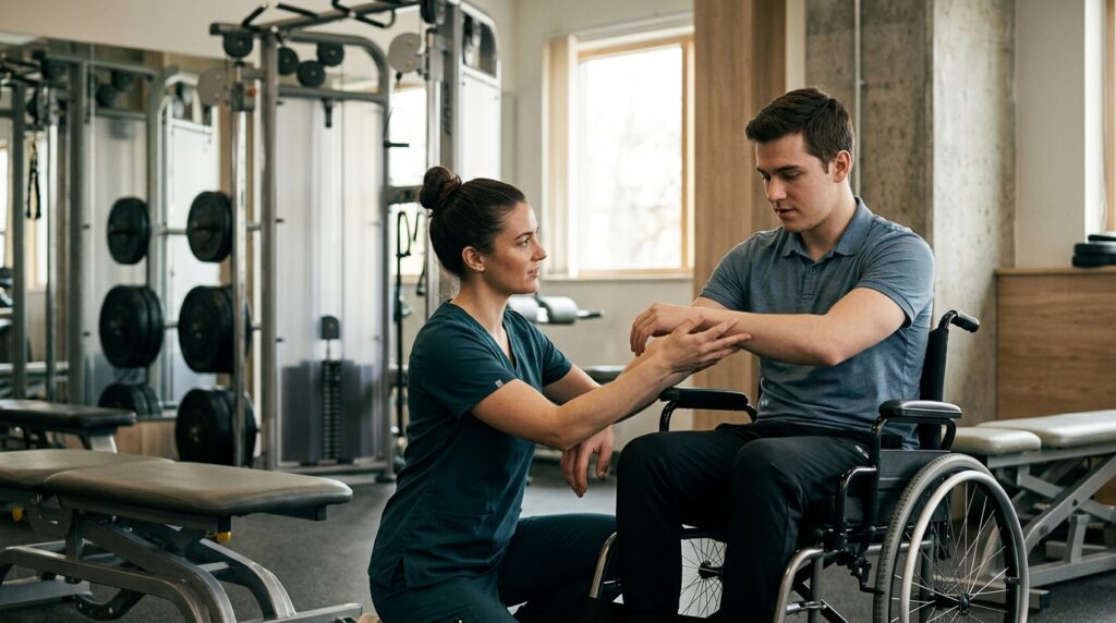 Young adult in a wheelchair working with a physical therapist in a spinal-cord-injury rehabilitation gym.
