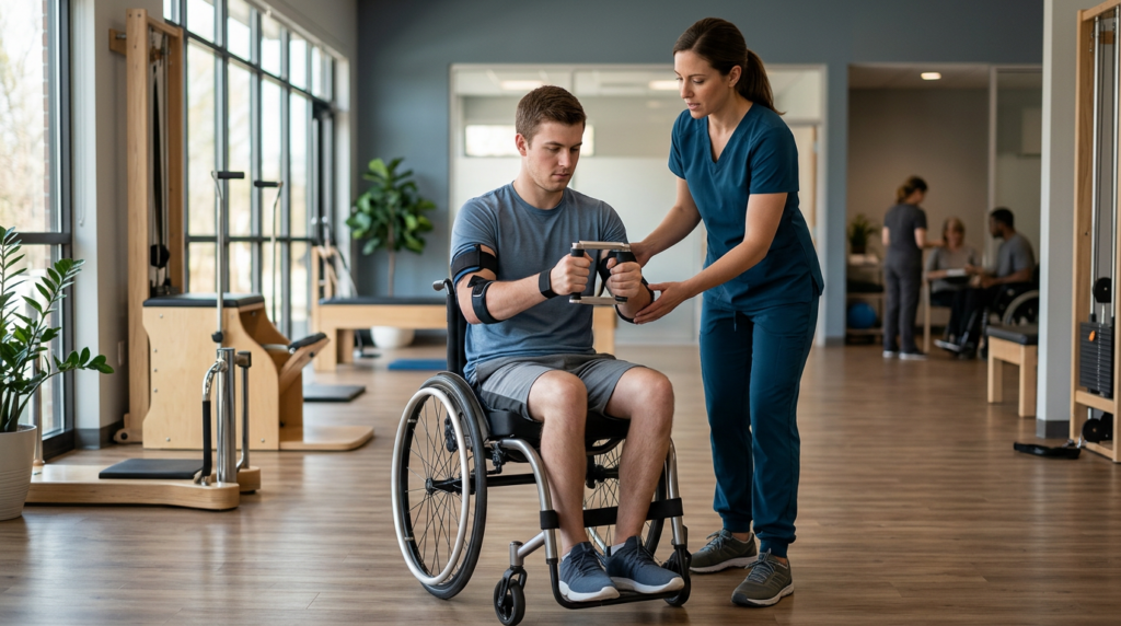 Young adult in a wheelchair working with a physical therapist in a rehabilitation gym.