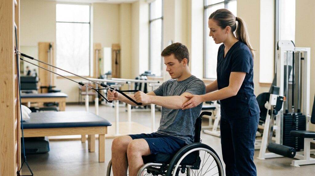 Young adult in a wheelchair working with a physical therapist in a spinal-cord-injury rehabilitation gym.