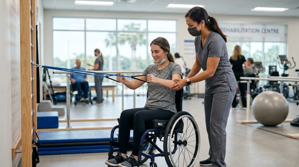 Young adult in a wheelchair working with a physical therapist in a spinal-cord-injury rehabilitation gym.