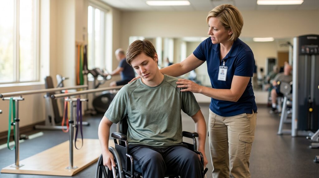 Young adult in a wheelchair working with a physical therapist in a spinal-cord-injury rehabilitation gym.
