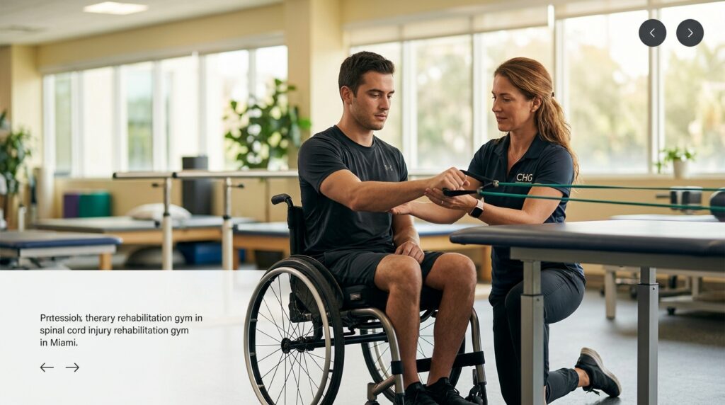 Young adult in a wheelchair working with a physical therapist in a spinal-cord-injury rehabilitation gym.
