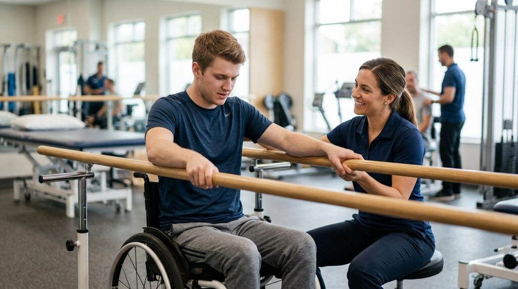 Young adult in a wheelchair working with a physical therapist in a spinal-cord-injury rehabilitation gym.