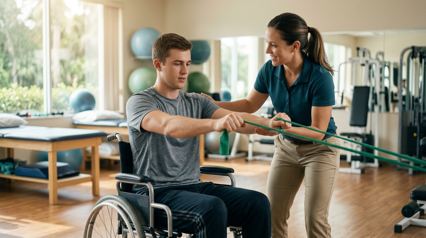 Young adult in a wheelchair working with a physical therapist in a spinal injury rehabilitation gym.
