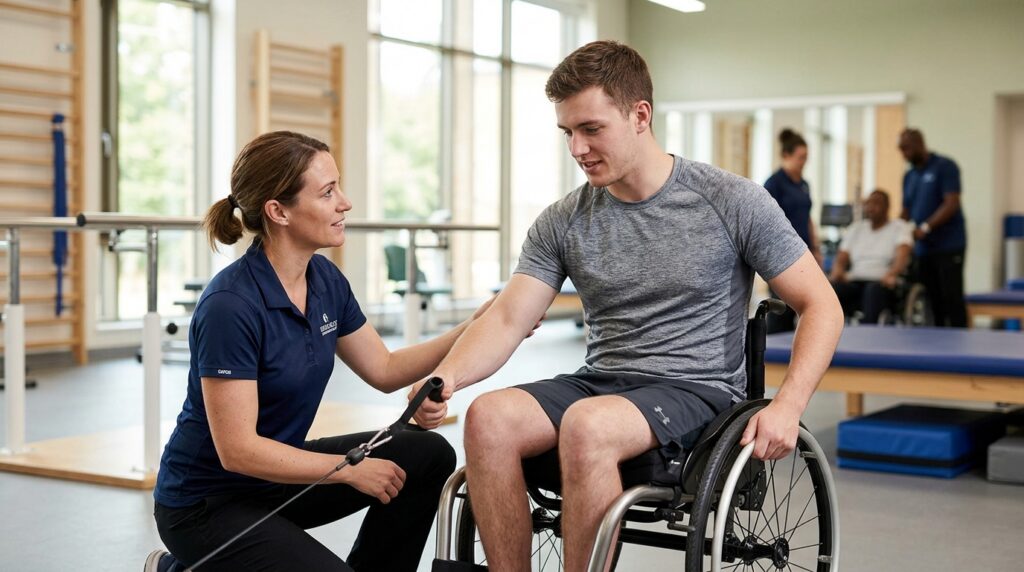Young adult in a wheelchair working with a physical therapist in a spinal-cord-injury rehabilitation gym.