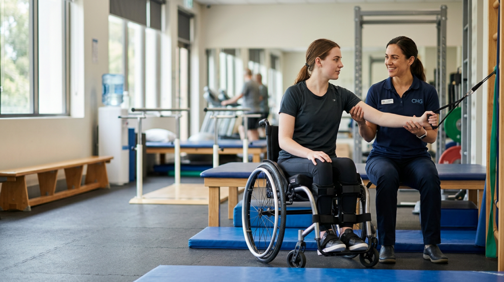 Young adult in a wheelchair working with a physical therapist in a spinal-cord-injury rehabilitation gym.