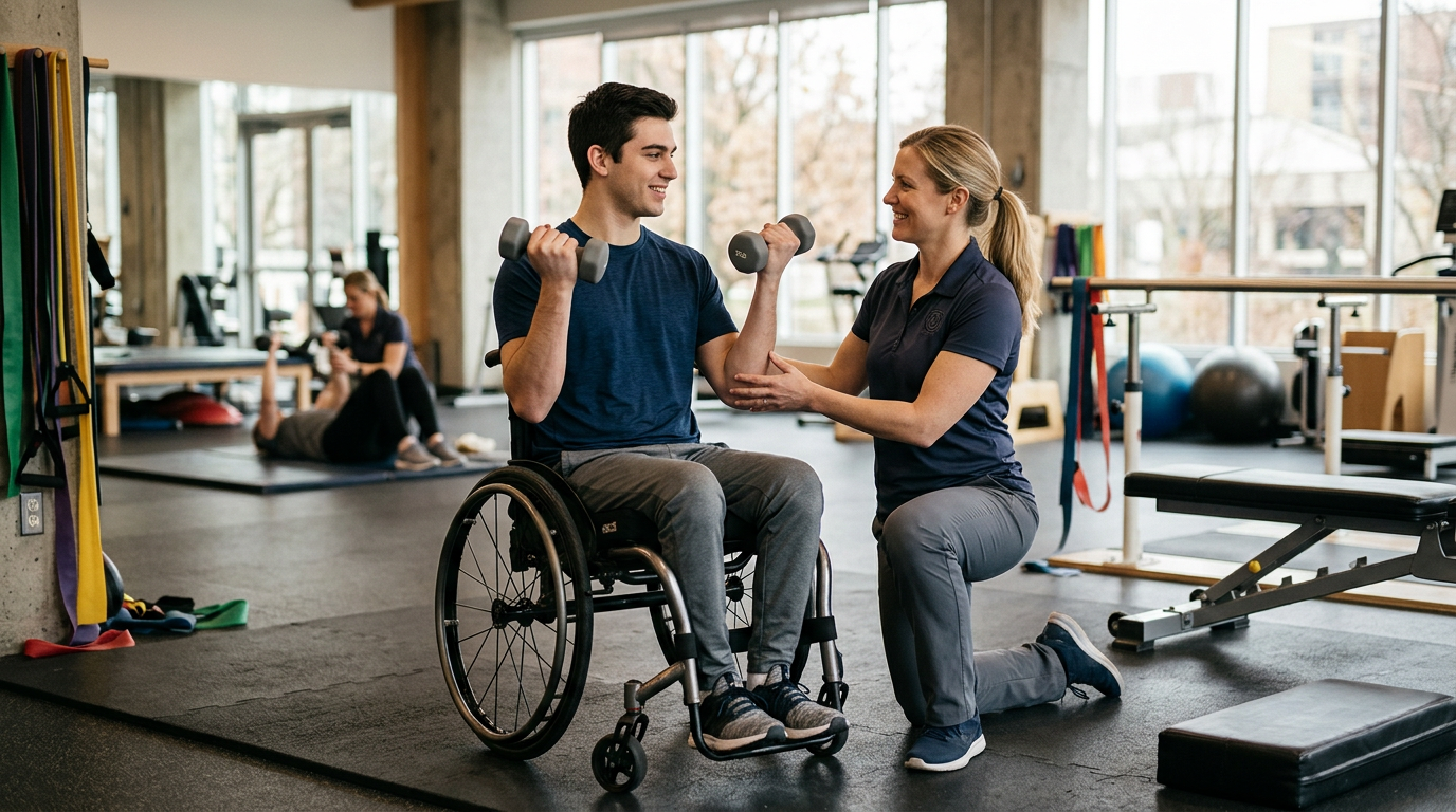 Young adult in a wheelchair working with a physical therapist in a spinal-cord-injury rehabilitation gym.