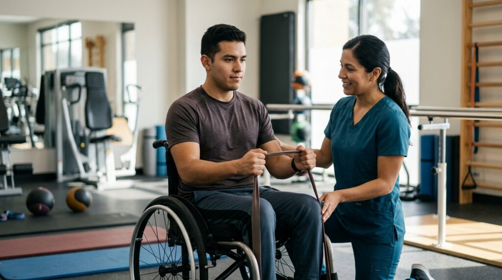 Adulto joven en silla de ruedas trabajando con un fisioterapeuta en un gimnasio de rehabilitación de lesiones de médula espinal.