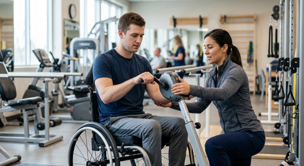 Young adult in a wheelchair working with a physical therapist in a spinal-cord-injury rehabilitation gym.