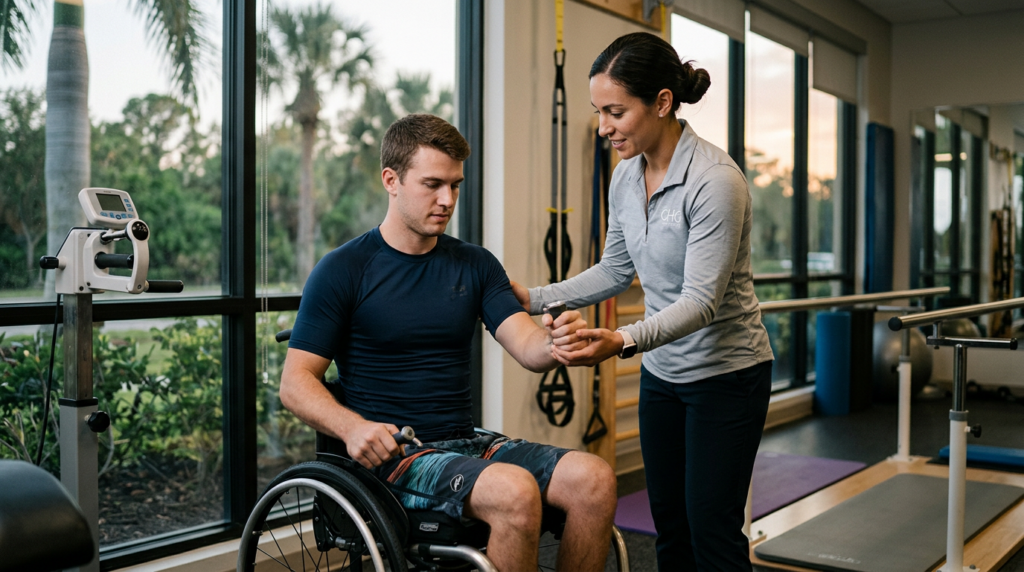 Young adult in a wheelchair working with a physical therapist in a spinal-cord-injury rehabilitation gym.