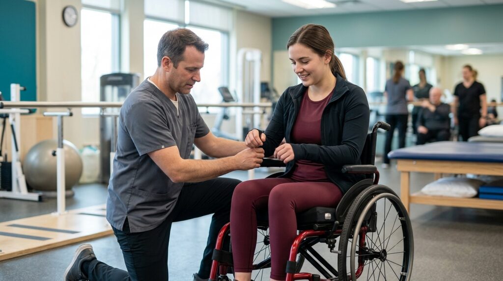 Young adult in a wheelchair working with a physical therapist in a spinal rehabilitation gym.