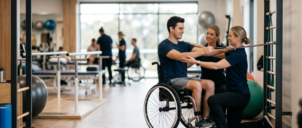 Young adult in a wheelchair working with a physical therapist in a spinal injury rehabilitation gym.