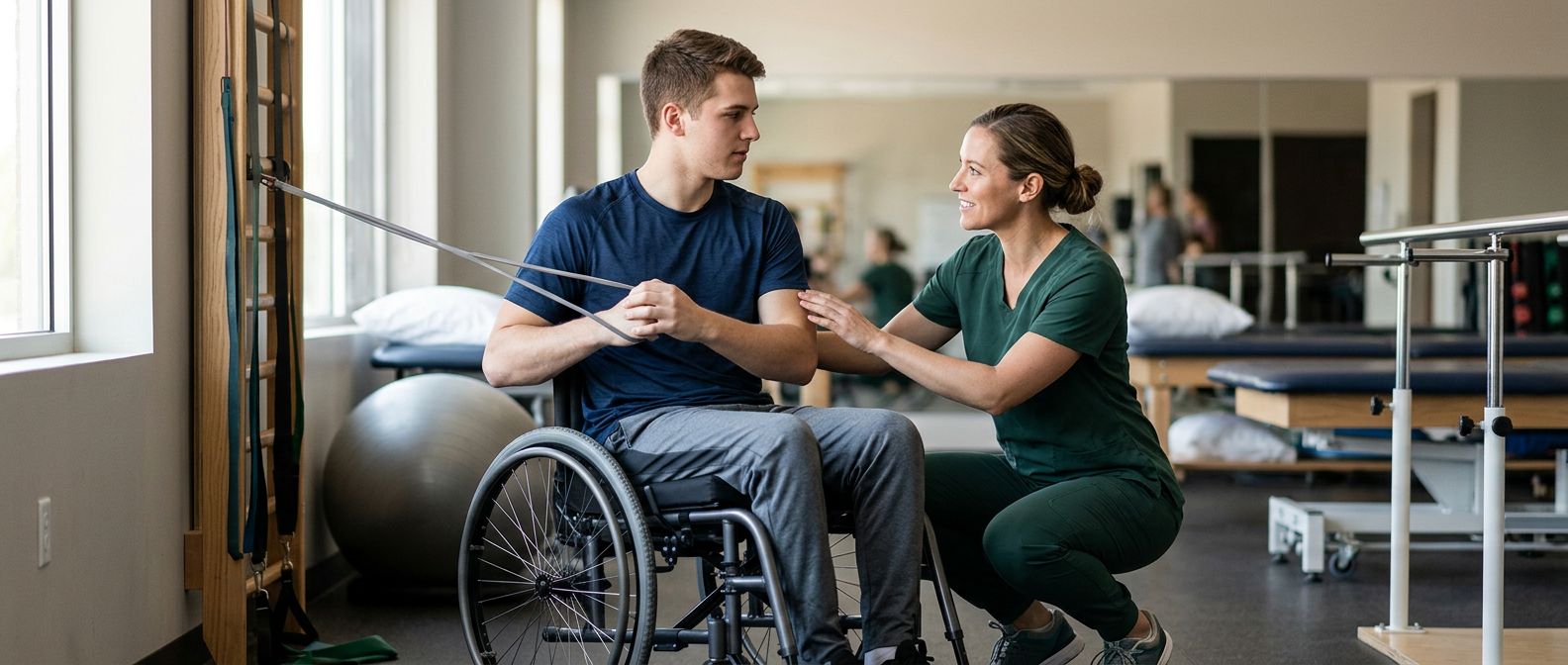 Young adult in a wheelchair working with a physical therapist in a spinal-cord-injury rehab gym.