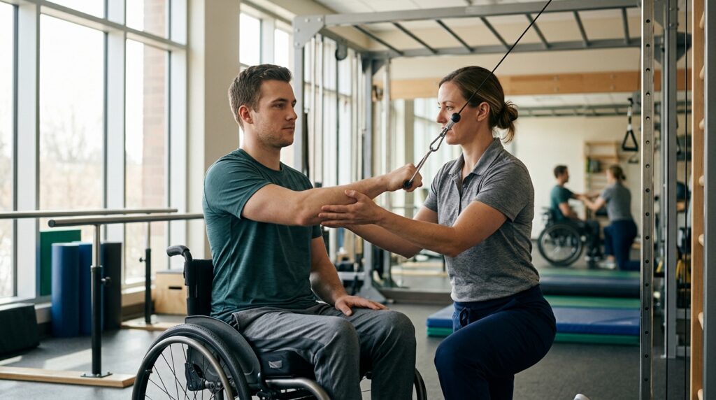 Young adult in a wheelchair working with a physical therapist in a spinal-cord-injury rehabilitation gym.