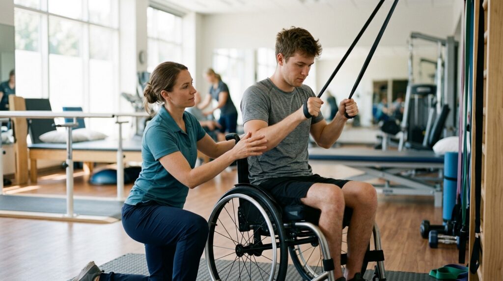 Young adult in a wheelchair working with a physical therapist in a spinal-cord-injury rehabilitation gym.