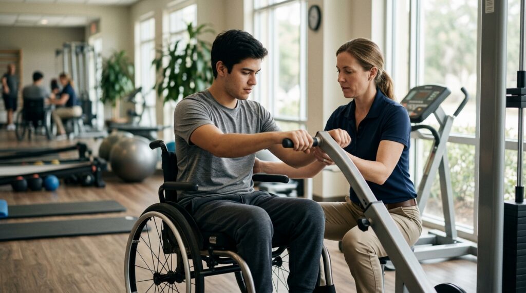 Young adult in a wheelchair working with a physical therapist in a spinal-cord-injury rehabilitation gym.