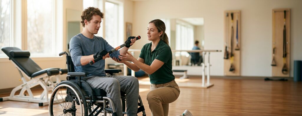 Young adult in a wheelchair working with a physical therapist in a spinal-cord-injury rehabilitation gym.