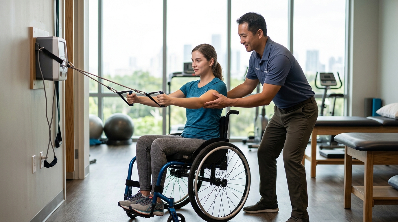 Young adult in a wheelchair working with a physical therapist in a spinal cord injury rehab gym.