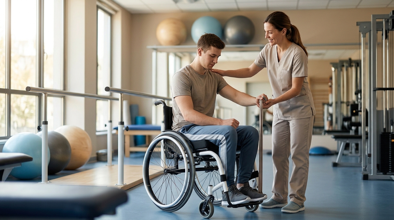 Young adult in a wheelchair working with a physical therapist in a spinal cord injury rehabilitation gym.