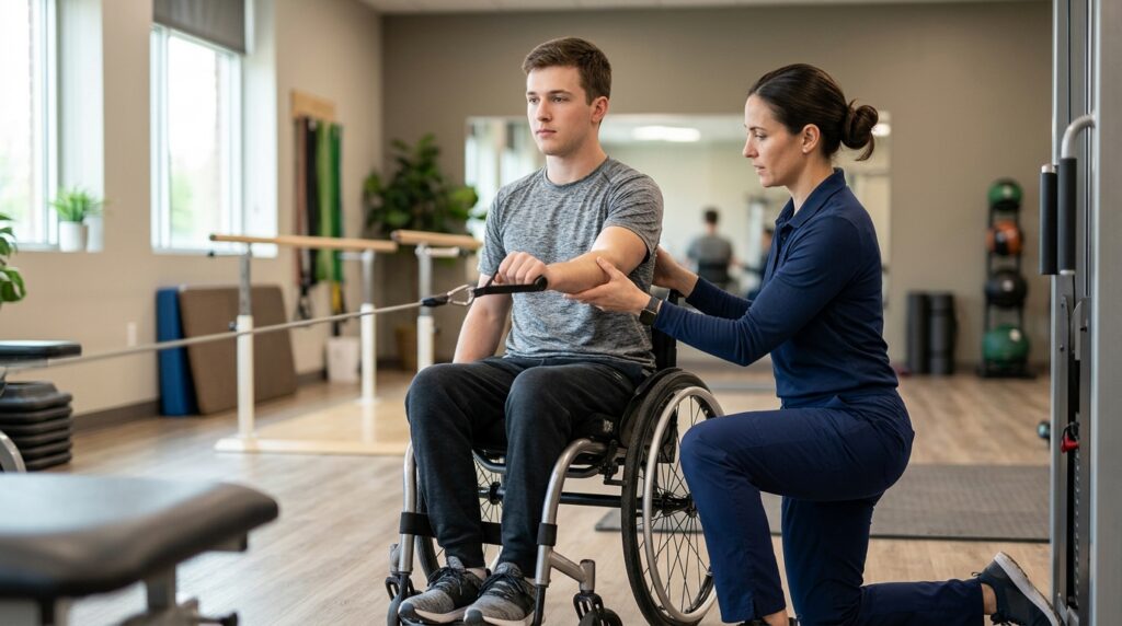Young adult in a wheelchair working with a physical therapist in a rehabilitation gym.