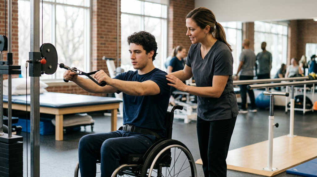 Young adult in a wheelchair working with a physical therapist in a spinal-cord-injury rehabilitation gym.