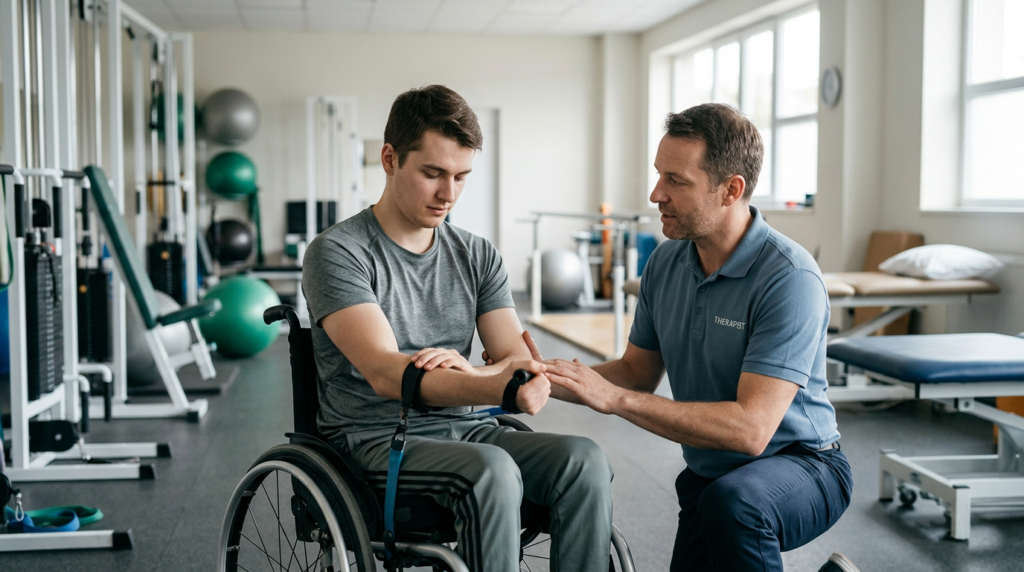 Young adult in a wheelchair working with a physical therapist in a spinal-cord-injury rehabilitation gym.