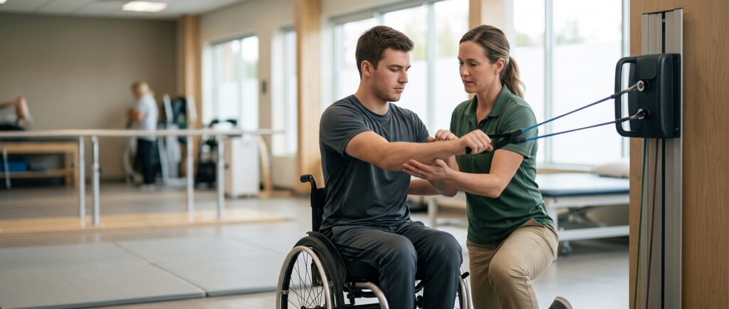 Young adult in a wheelchair working with a physical therapist in a spinal-cord-injury rehabilitation gym.