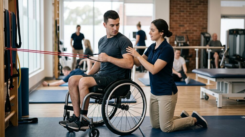 Young adult in a wheelchair working with a physical therapist in a spinal-cord-injury rehabilitation gym.