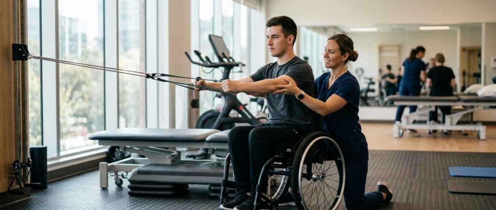 Young adult in a wheelchair working with a physical therapist in a spinal-cord-injury rehabilitation gym.