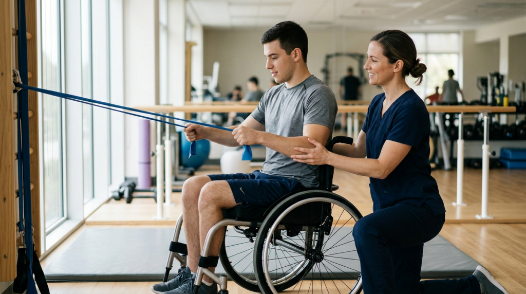 Young adult in a wheelchair working with a physical therapist in a spinal-cord-injury rehabilitation gym.