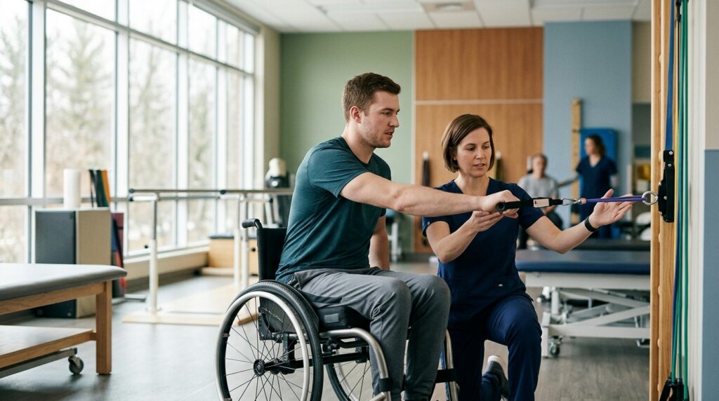 Young adult in a wheelchair working with a physical therapist in a rehabilitation gym.