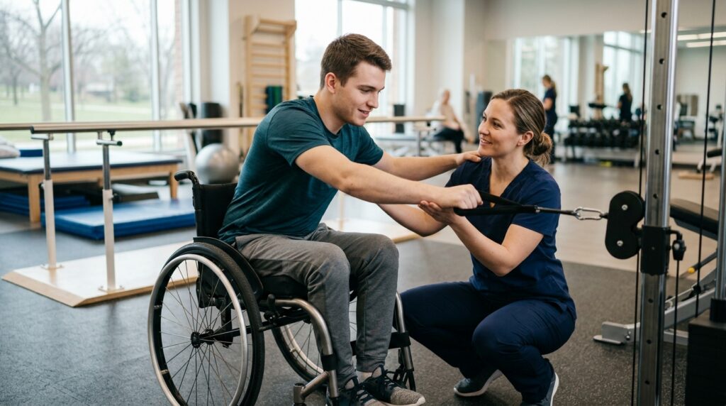 Young adult in a wheelchair working with a physical therapist in a spinal-cord-injury rehabilitation gym.
