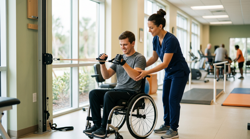 a young adult in a wheelchair in a spinal-cord-injury rehabilitation gym with a physical therapist